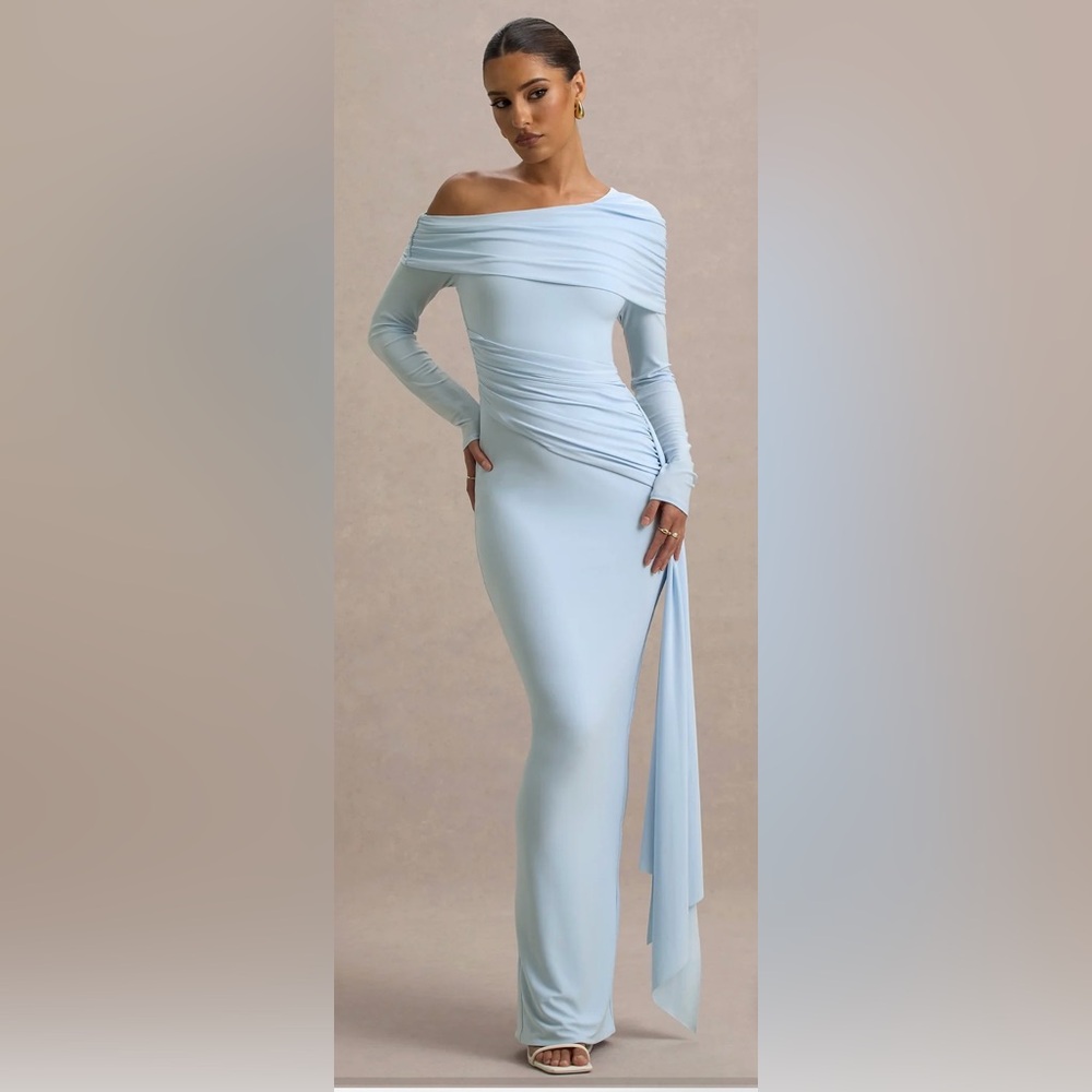 VALINA - Club L London- Elegant Light Blue Long Sleeve Ruched Midi Dress
